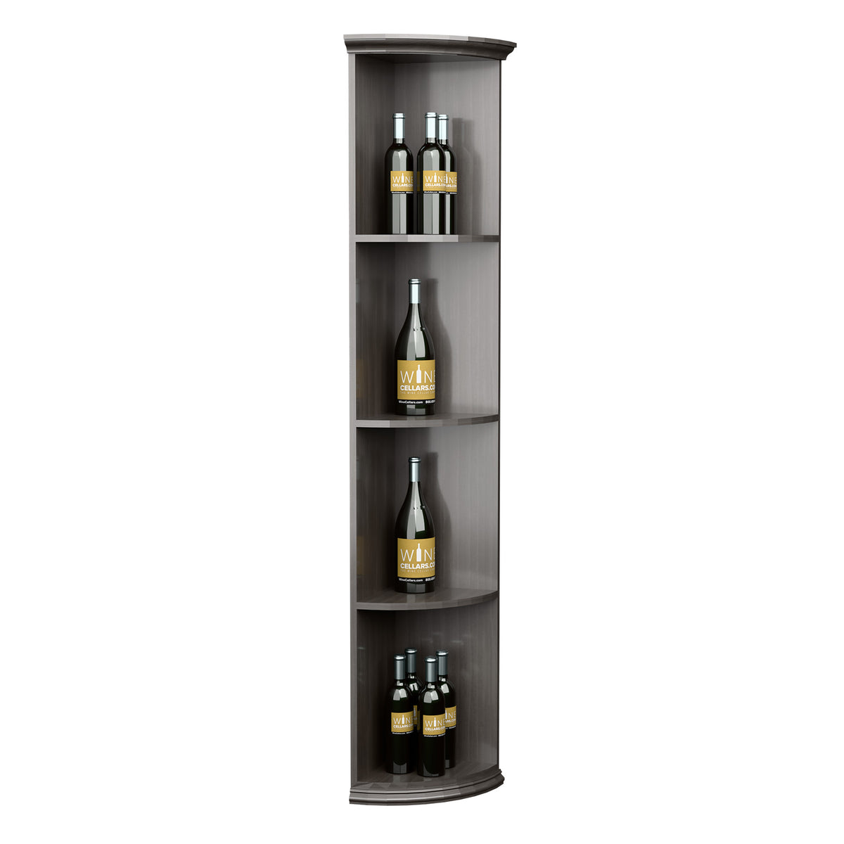 Gray corner wine bottle shelf with rounded shelves and four bottle openings
