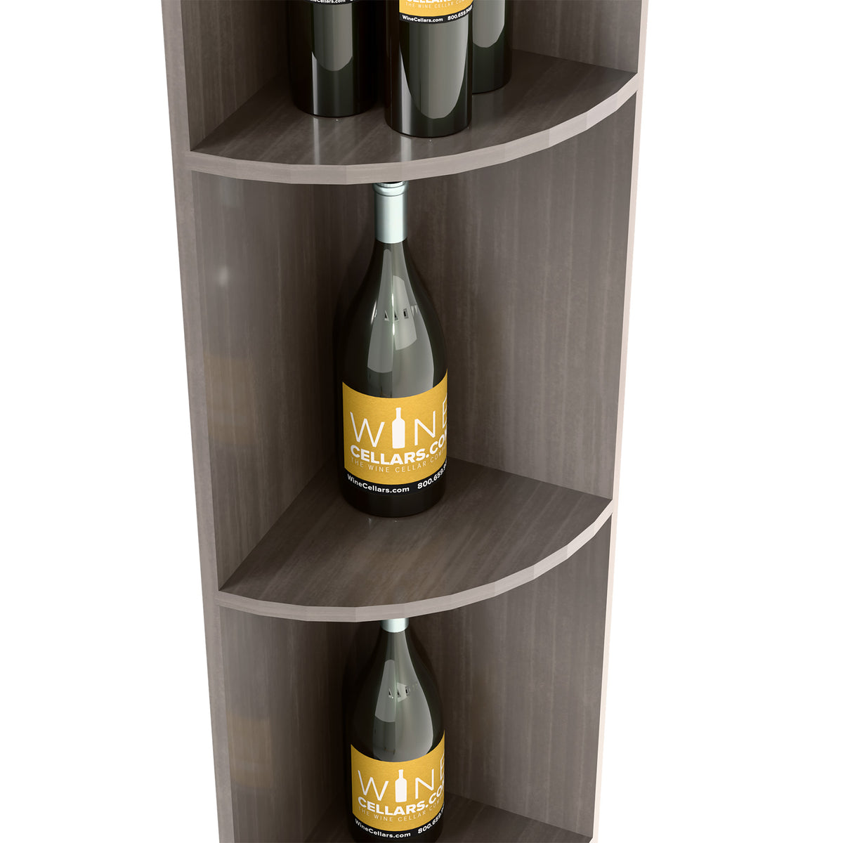 Gray quarter-round corner shelf with two bottles on curved shelves