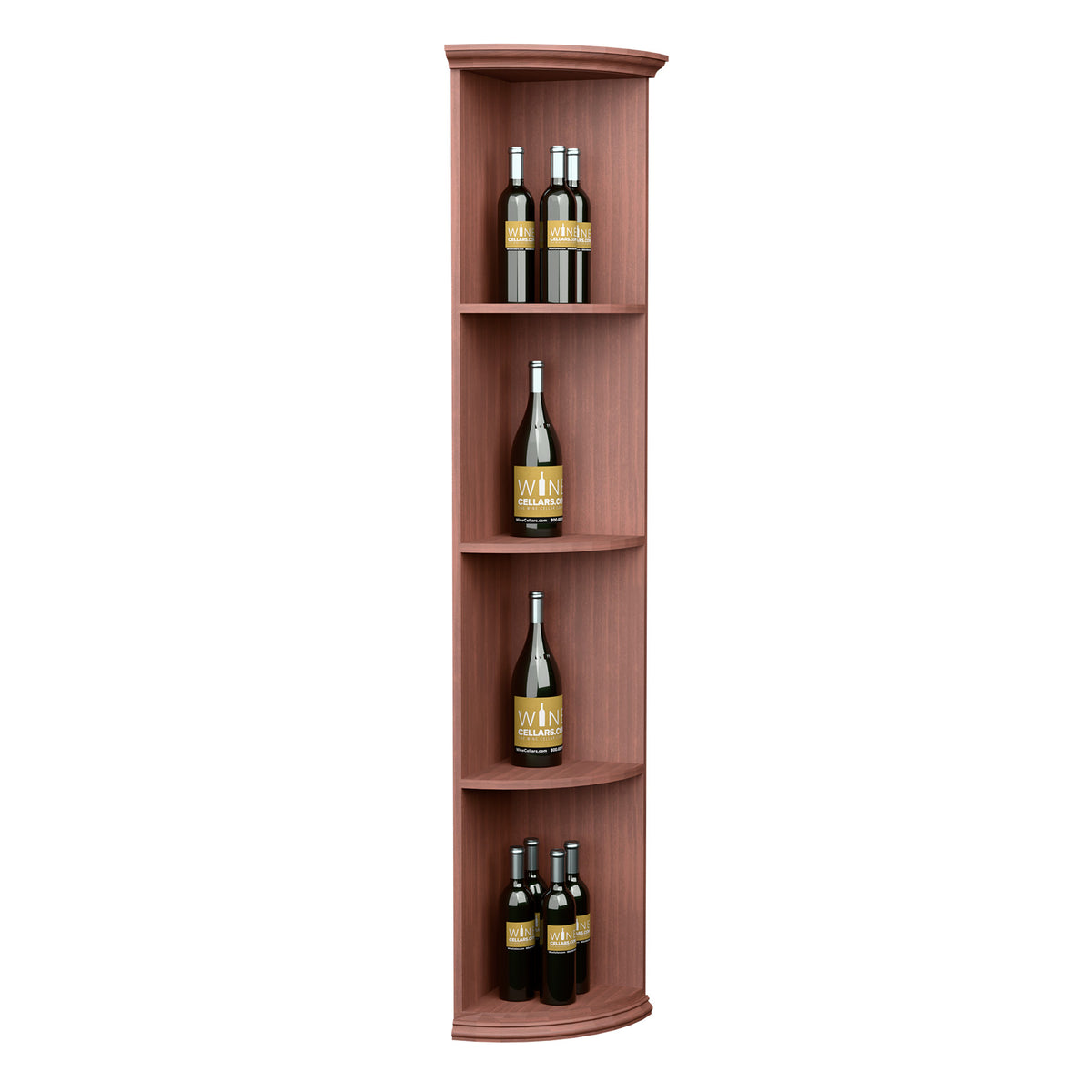 Red-brown quarter-round corner shelf with round base and four bottle slots
