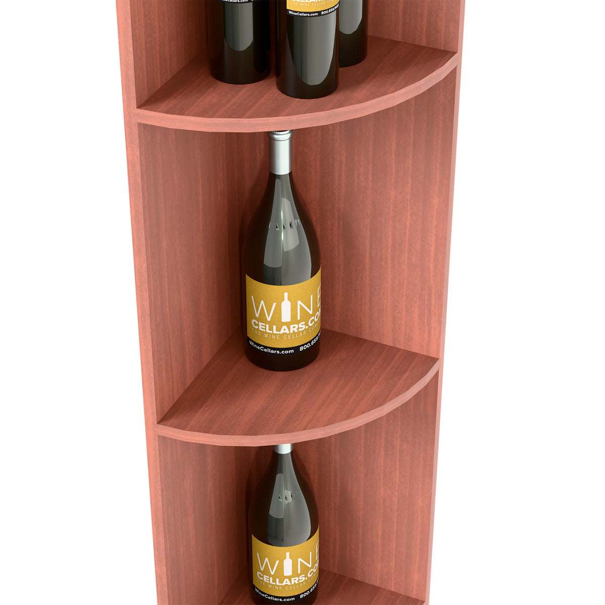 Red-brown quarter-round corner shelf detail with curved shelves and bottle