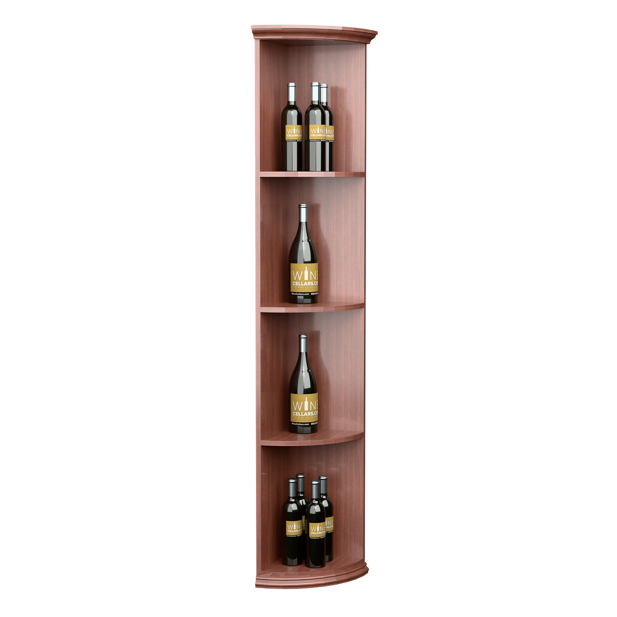 Red-brown corner wine bottle shelf with rounded shelves and four bottle openings