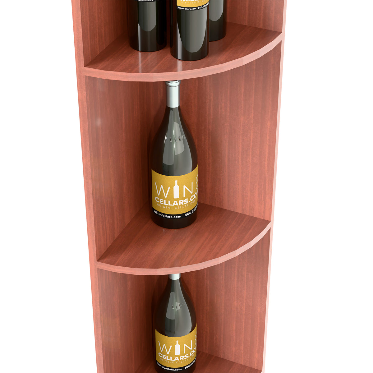 Red-brown quarter-round corner shelf with two bottles on curved shelves