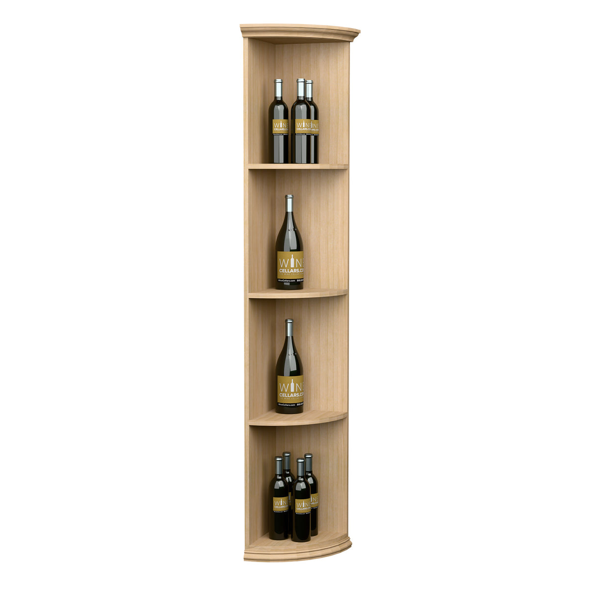 Light wood quarter-round corner shelf with round base and four bottle slots