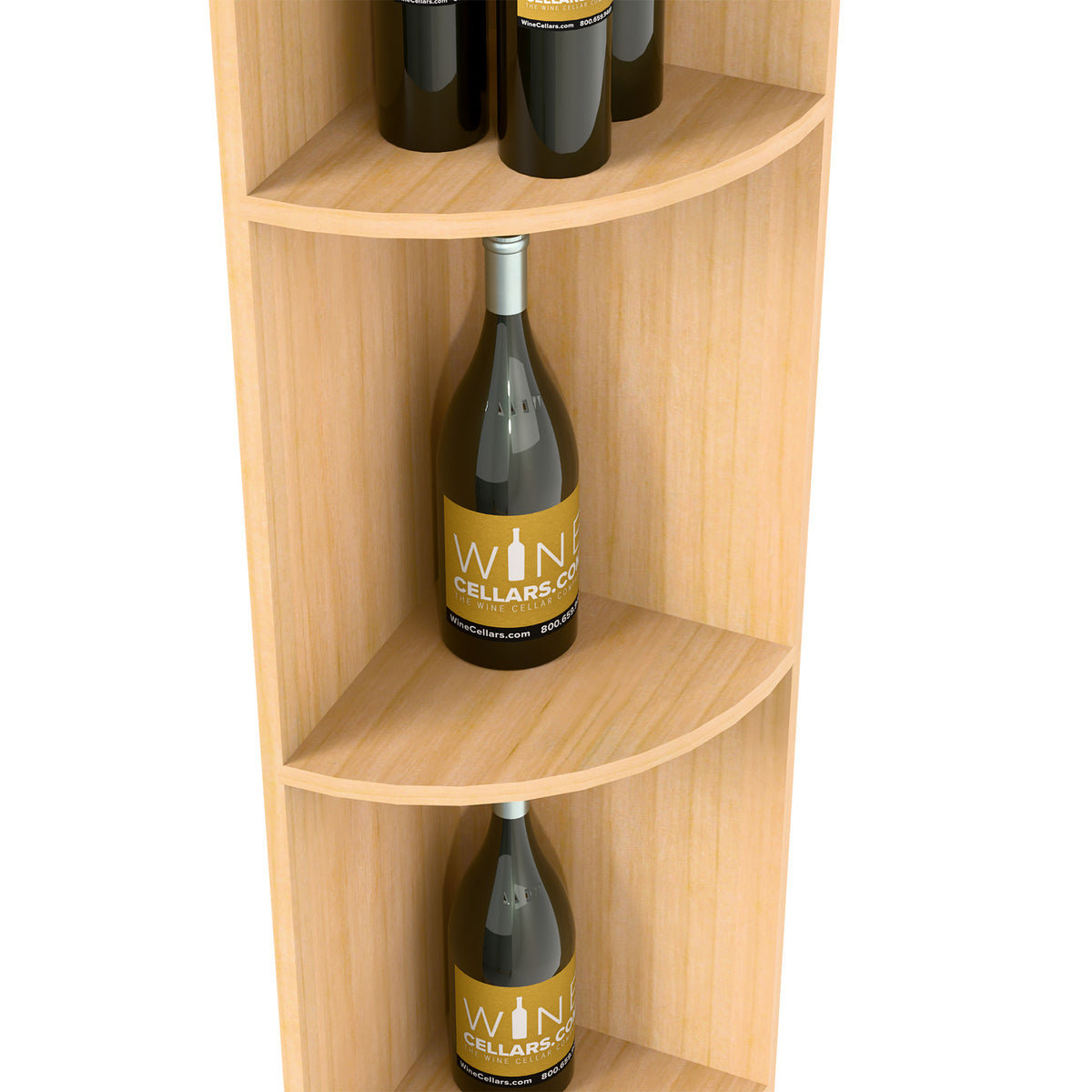 Light wood quarter-round corner shelf detail with curved shelves and bottle