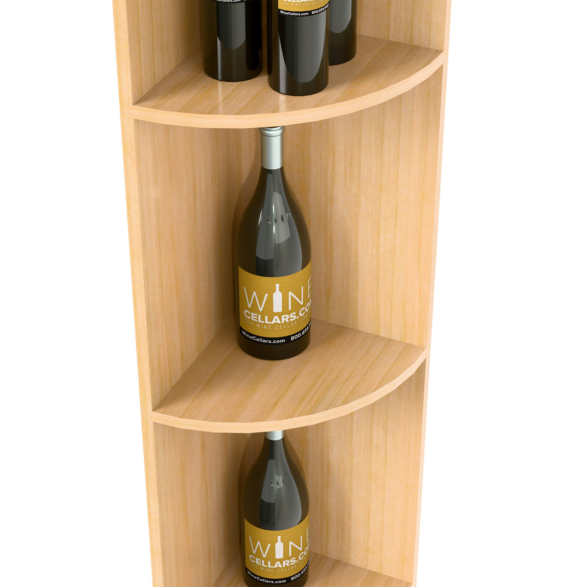 Close-up of light wood quarter-round wine shelf with curved openings for bottles