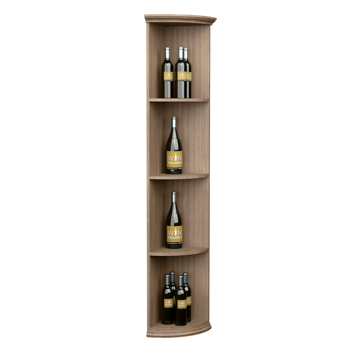 Light wood standing quarter-round wine bottle shelf with curved shelves and round base