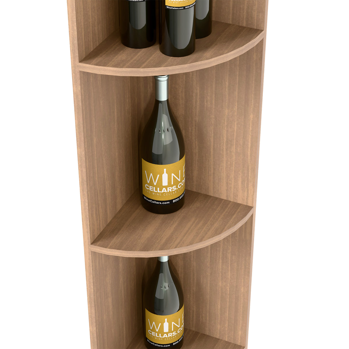 Light wood quarter-round wine bottle shelf corner view with two curved tier openings