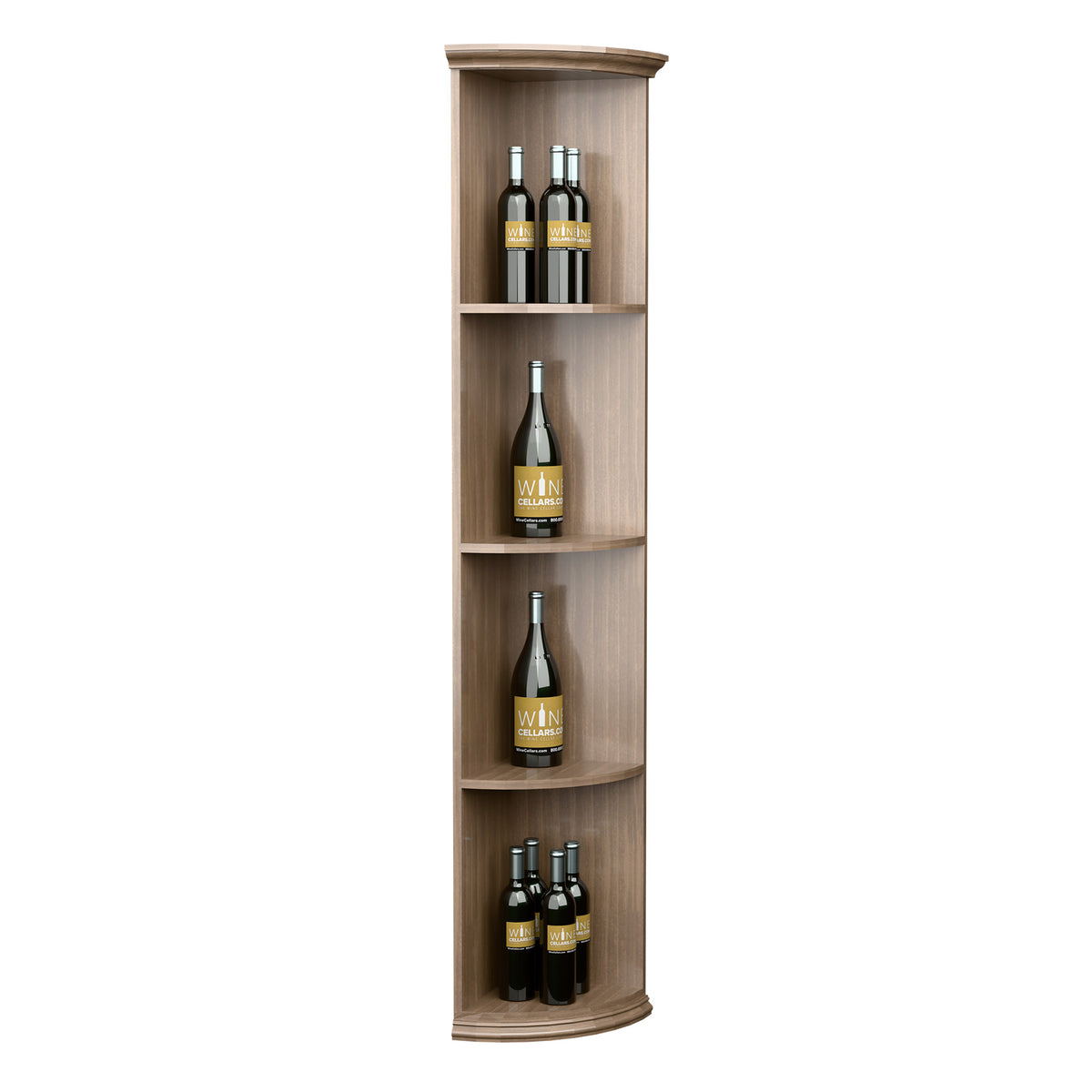 Light wood quarter-round wine bottle shelf with curved tiers and round base, full view