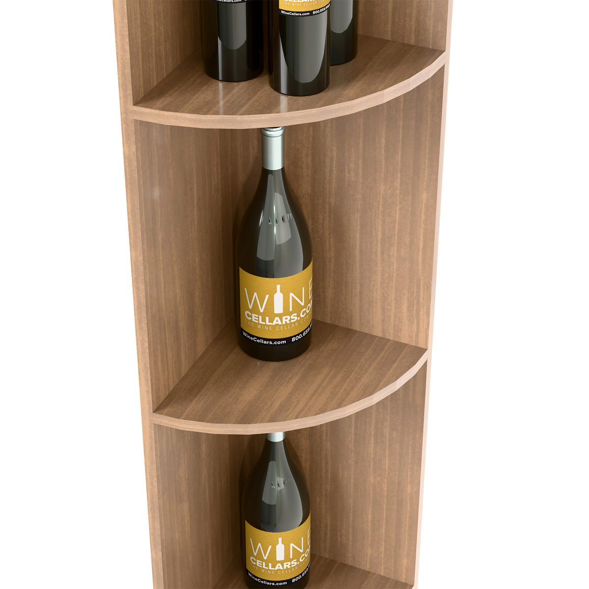 Light wood quarter-round wine shelf detail with curved upper and lower bottle compartments