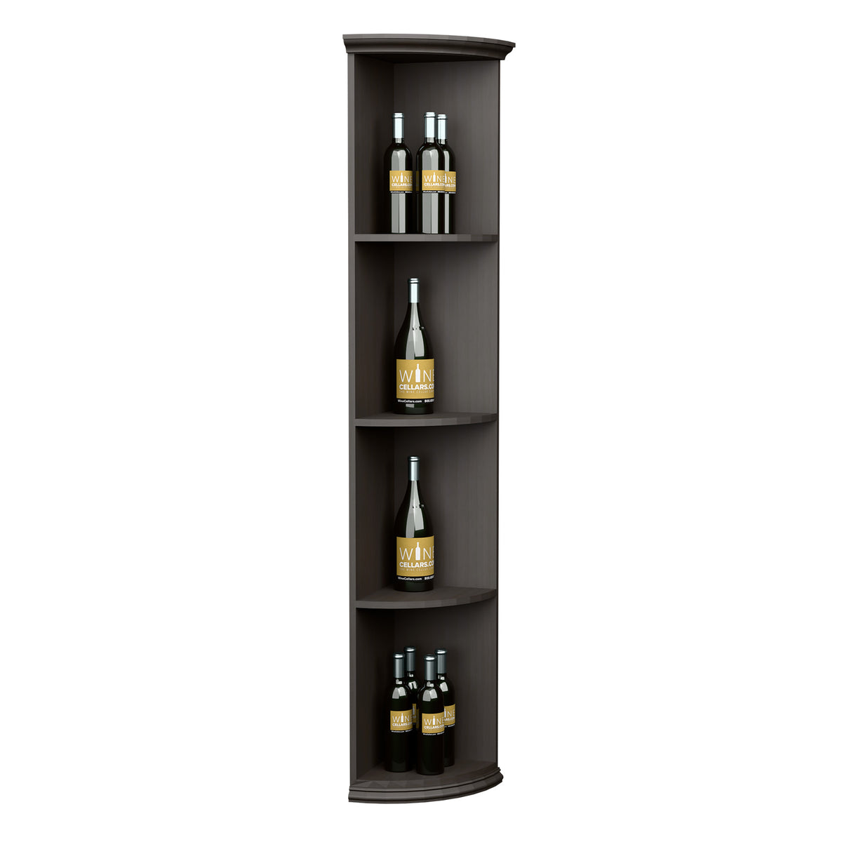 Dark quarter-round wine bottle shelf with curved tiers and round base, 6 ft