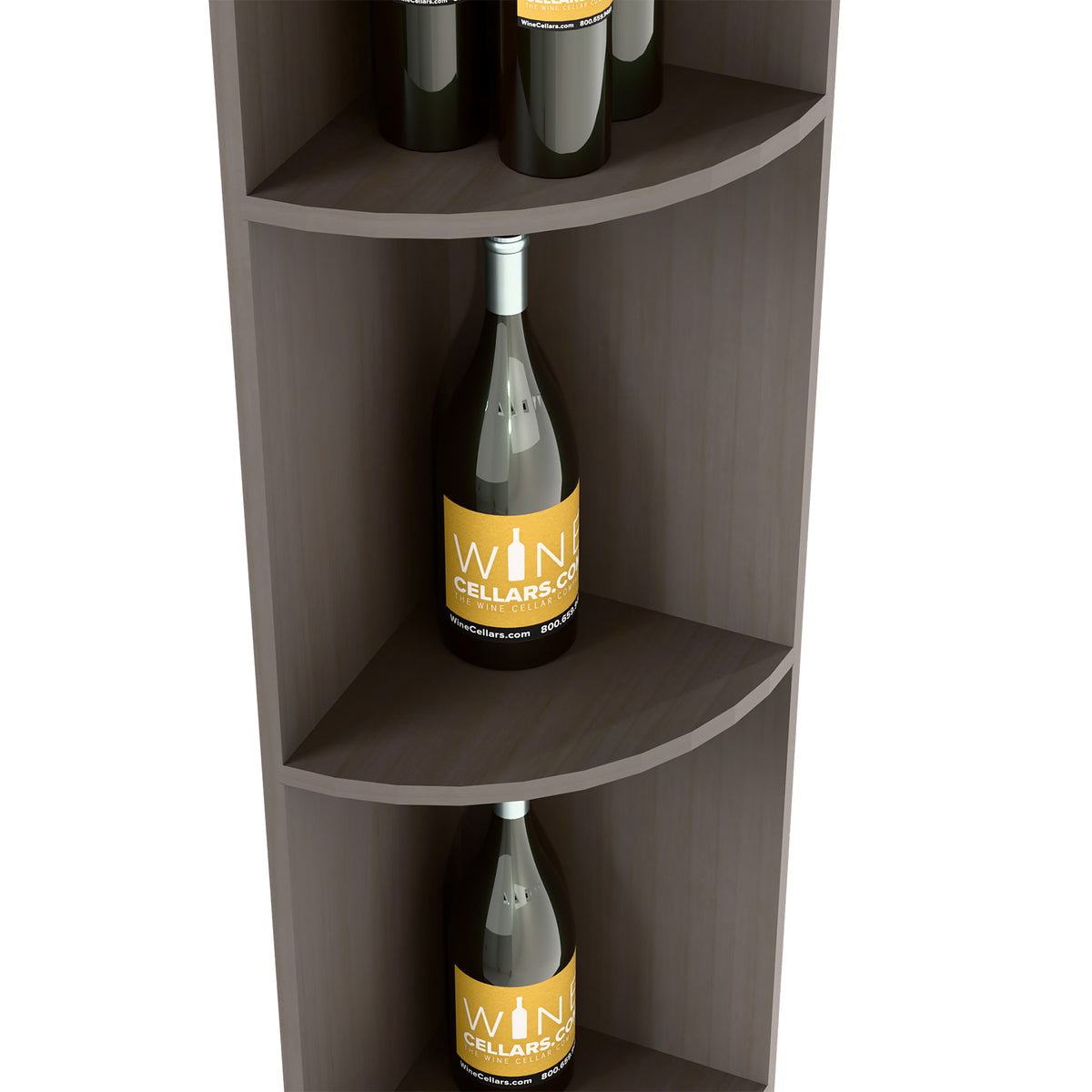 Close-up of dark quarter-round wine shelf with curved openings for bottles