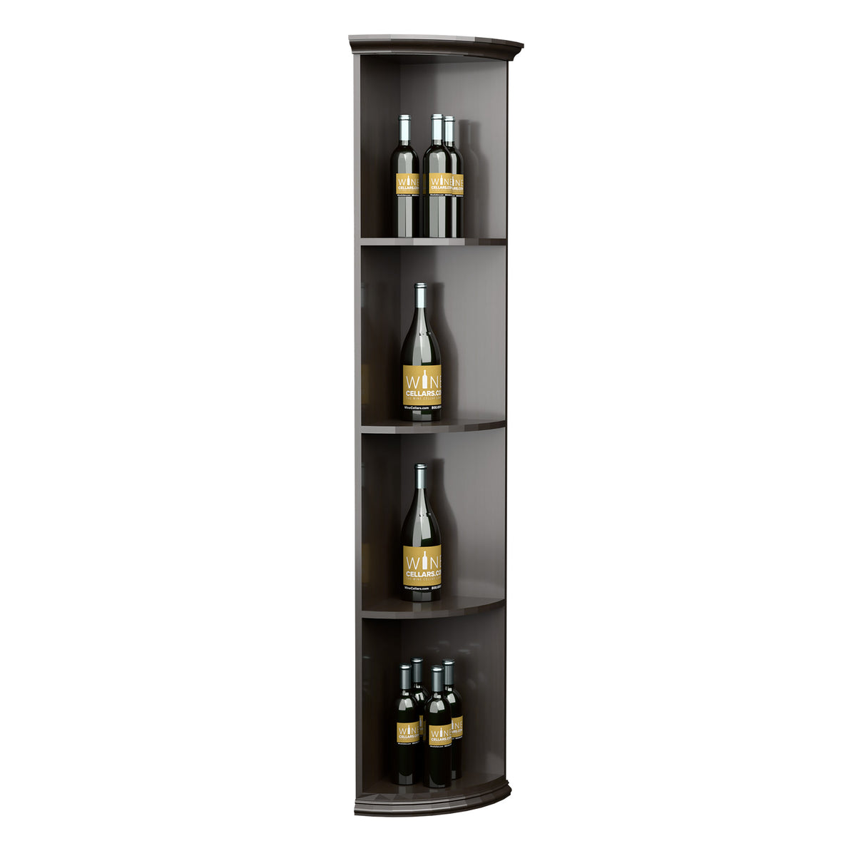 Dark standing quarter-round wine bottle shelf with curved shelves and round base