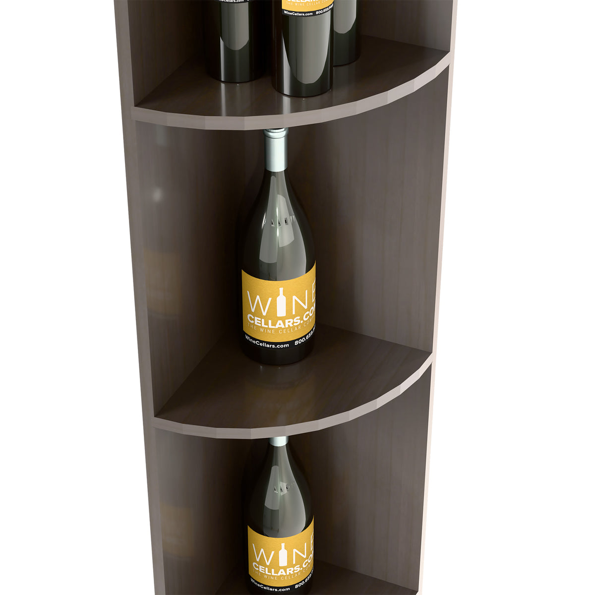 Dark quarter-round wine bottle shelf corner view with curved upper and lower tiers