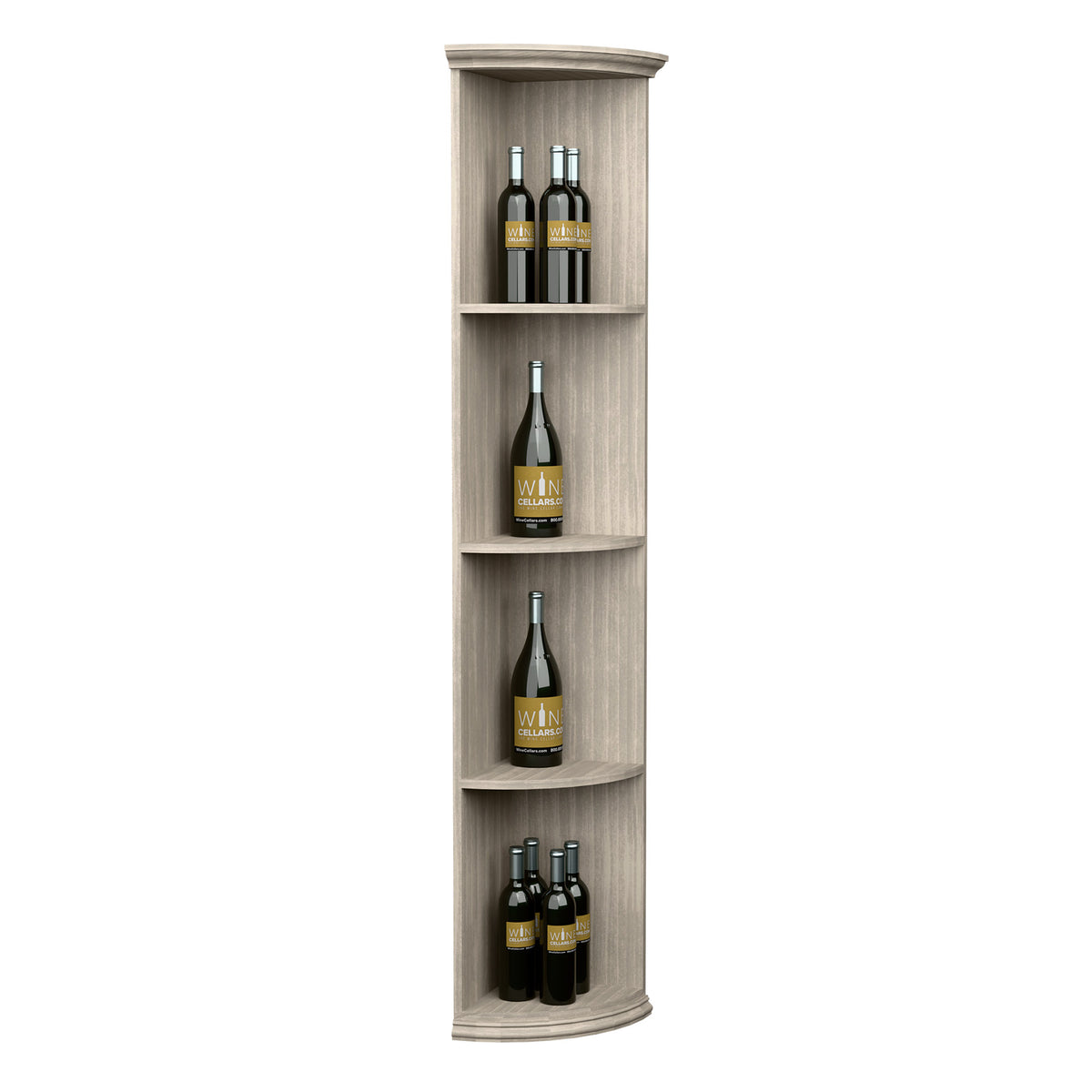 Quarter-round bottle shelf with round base, light grey wood, 4 bottle slots