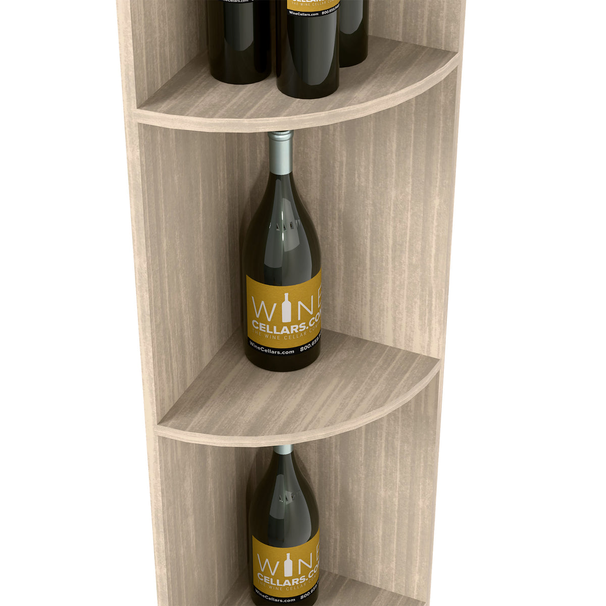Quarter-round bottle shelf corner unit in light grey wood, showing upper round niche