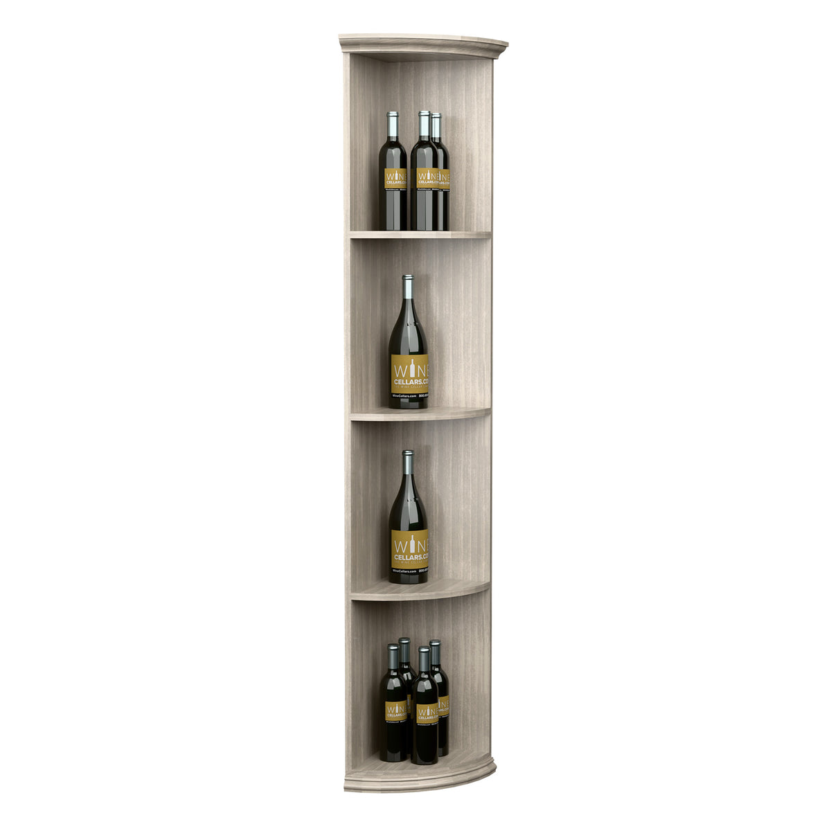 Quarter-round bottle shelf with round base, light grey wood, tiered bottle compartments