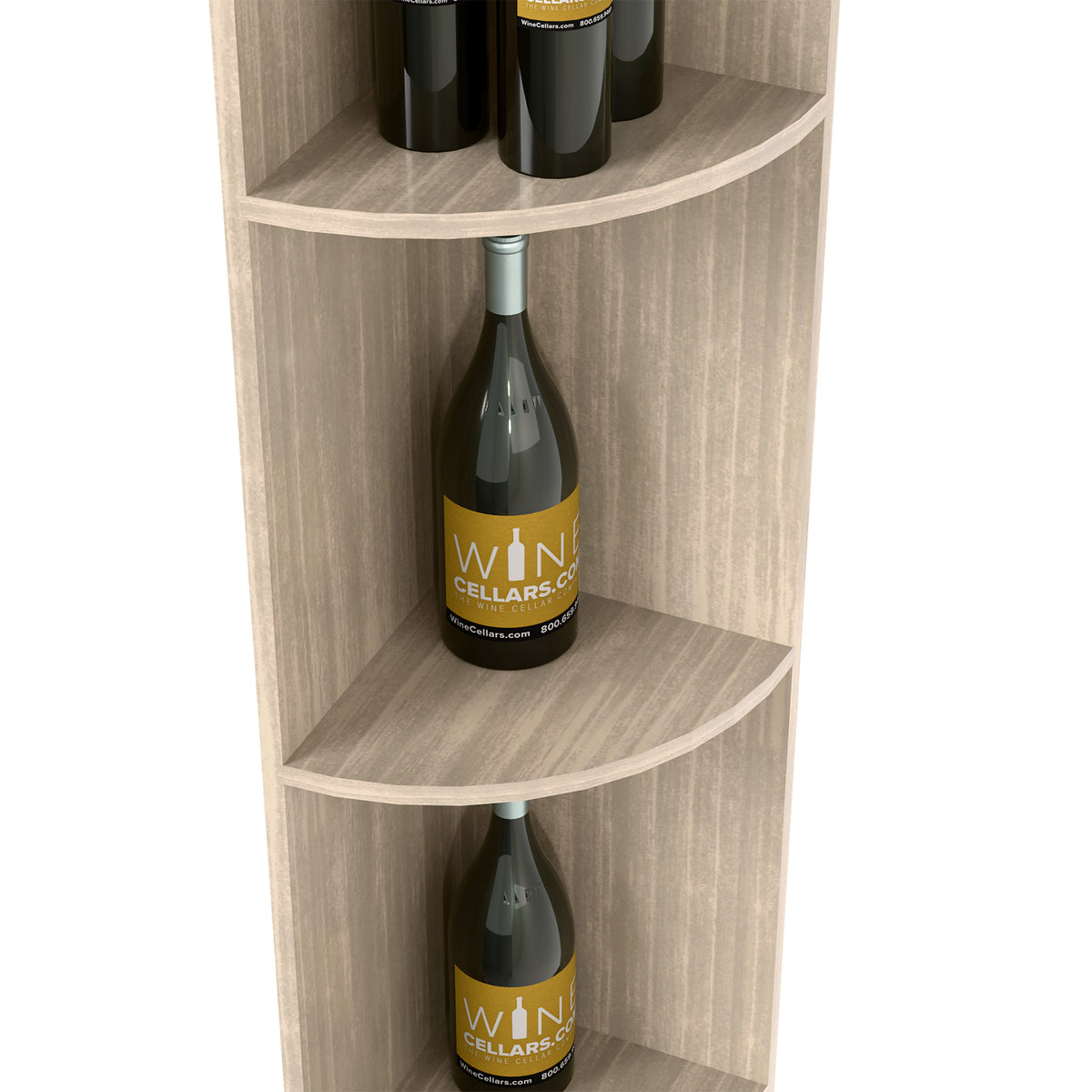 Quarter-round bottle shelf in light grey wood, close-up of middle round shelf space