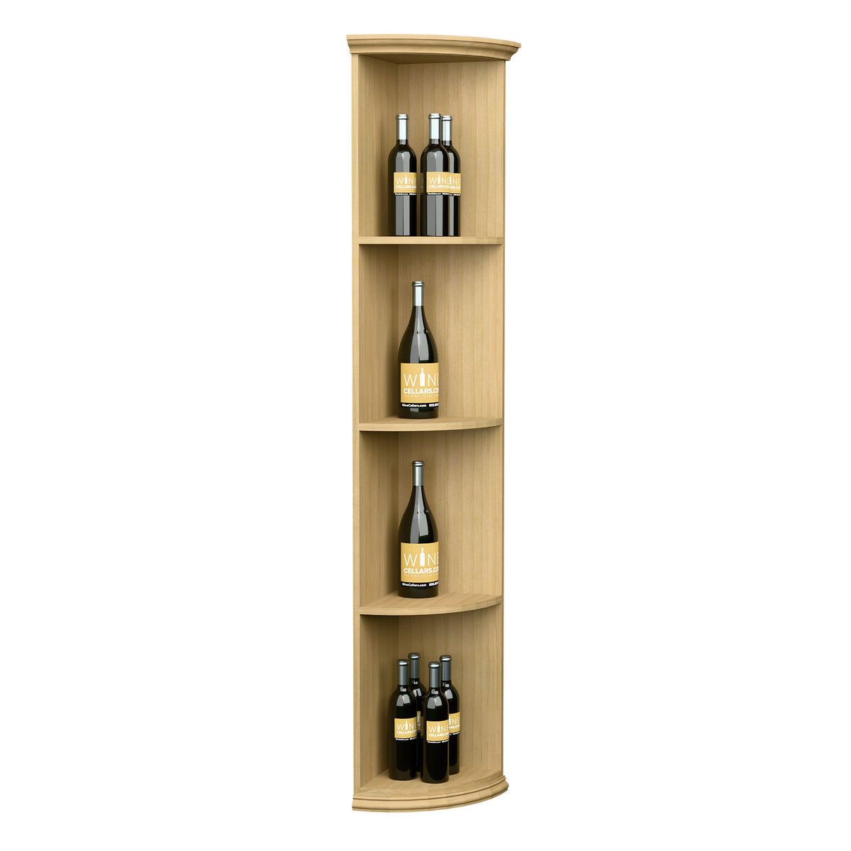 Quarter-round bottle shelf with round base, light wood, 4 bottle slots