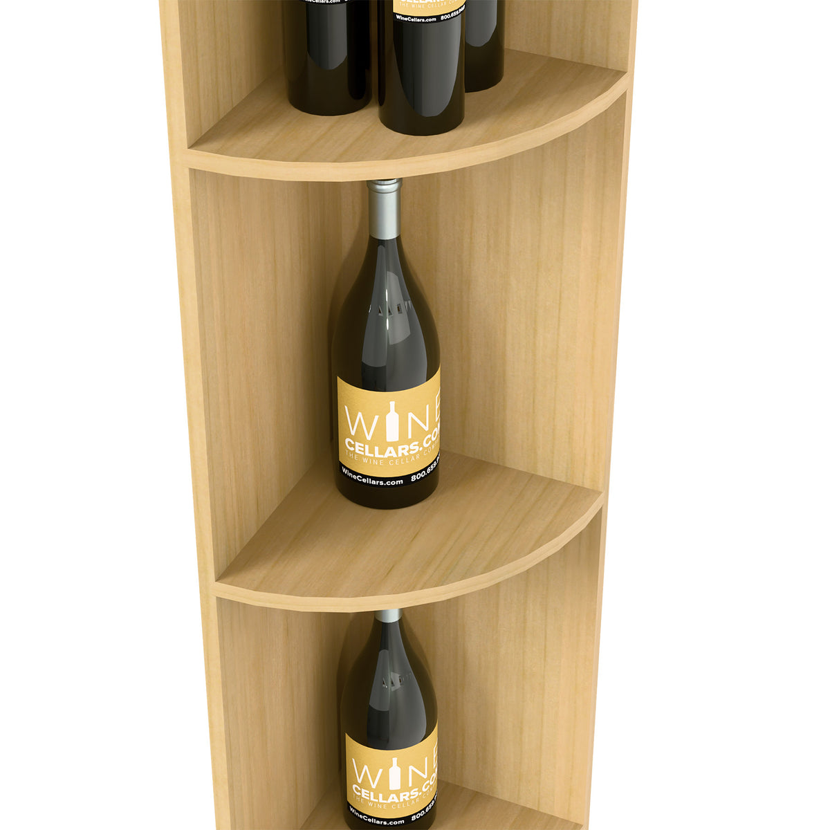 Quarter-round bottle shelf corner unit in light wood, showing lower round niche