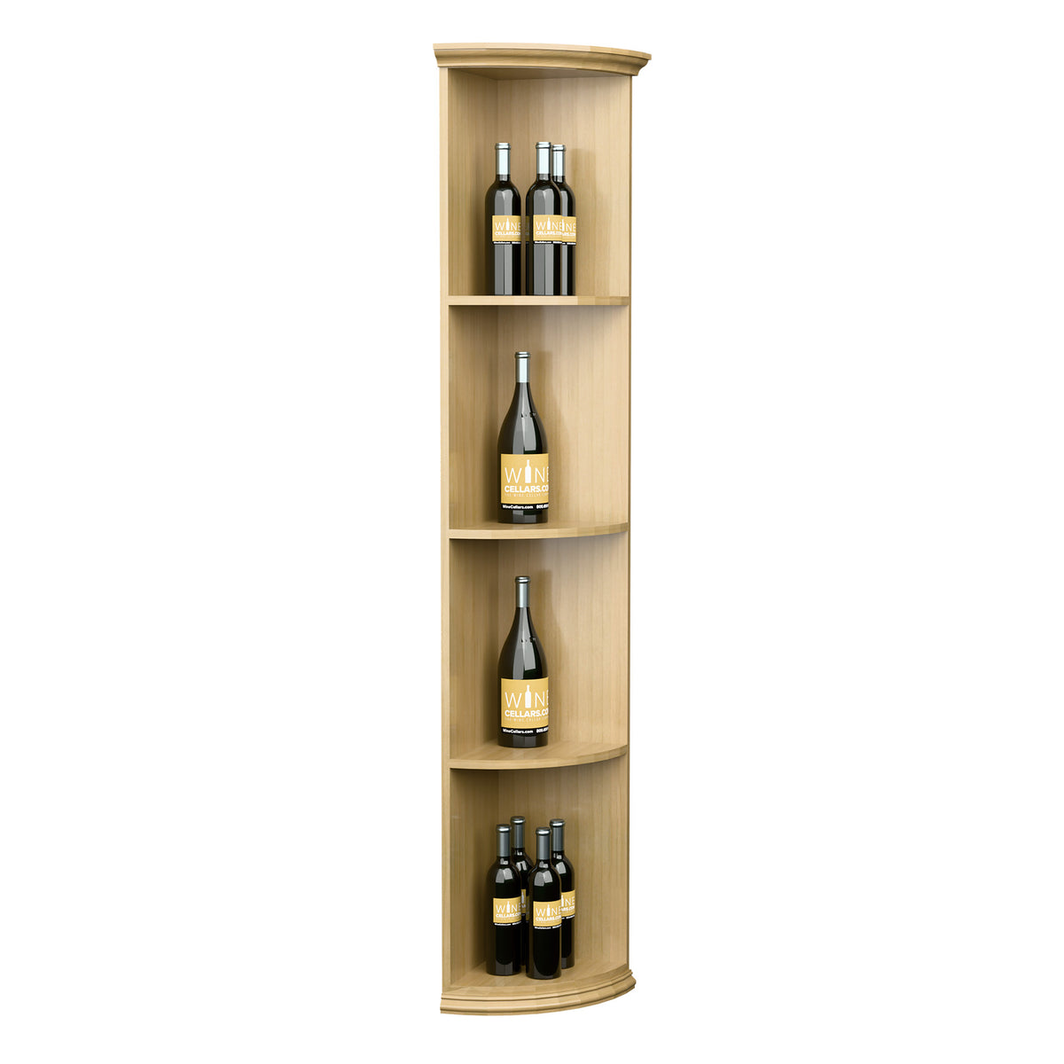 Quarter-round bottle shelf with round base, light wood, tiered shelves for bottles