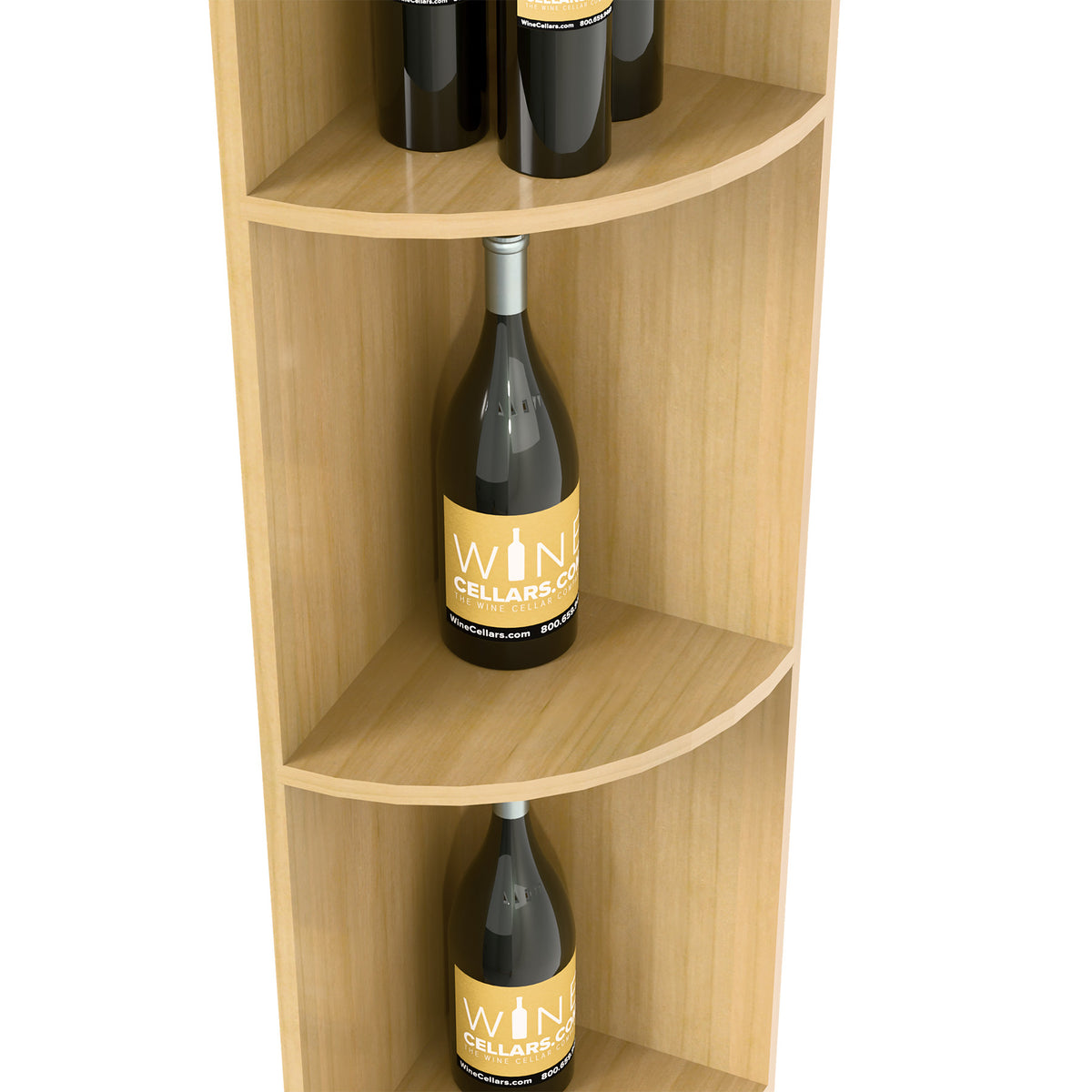 Quarter-round bottle shelf in light wood, close-up of middle bottle shelf opening