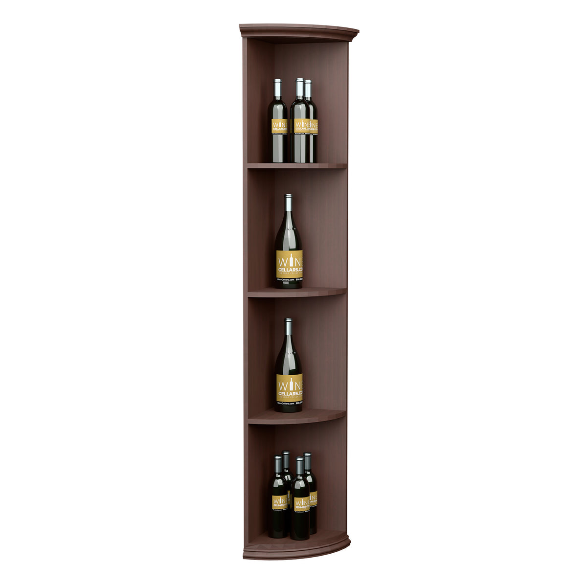 Quarter-round bottle shelf with round base, dark brown wood, 4 bottle slots
