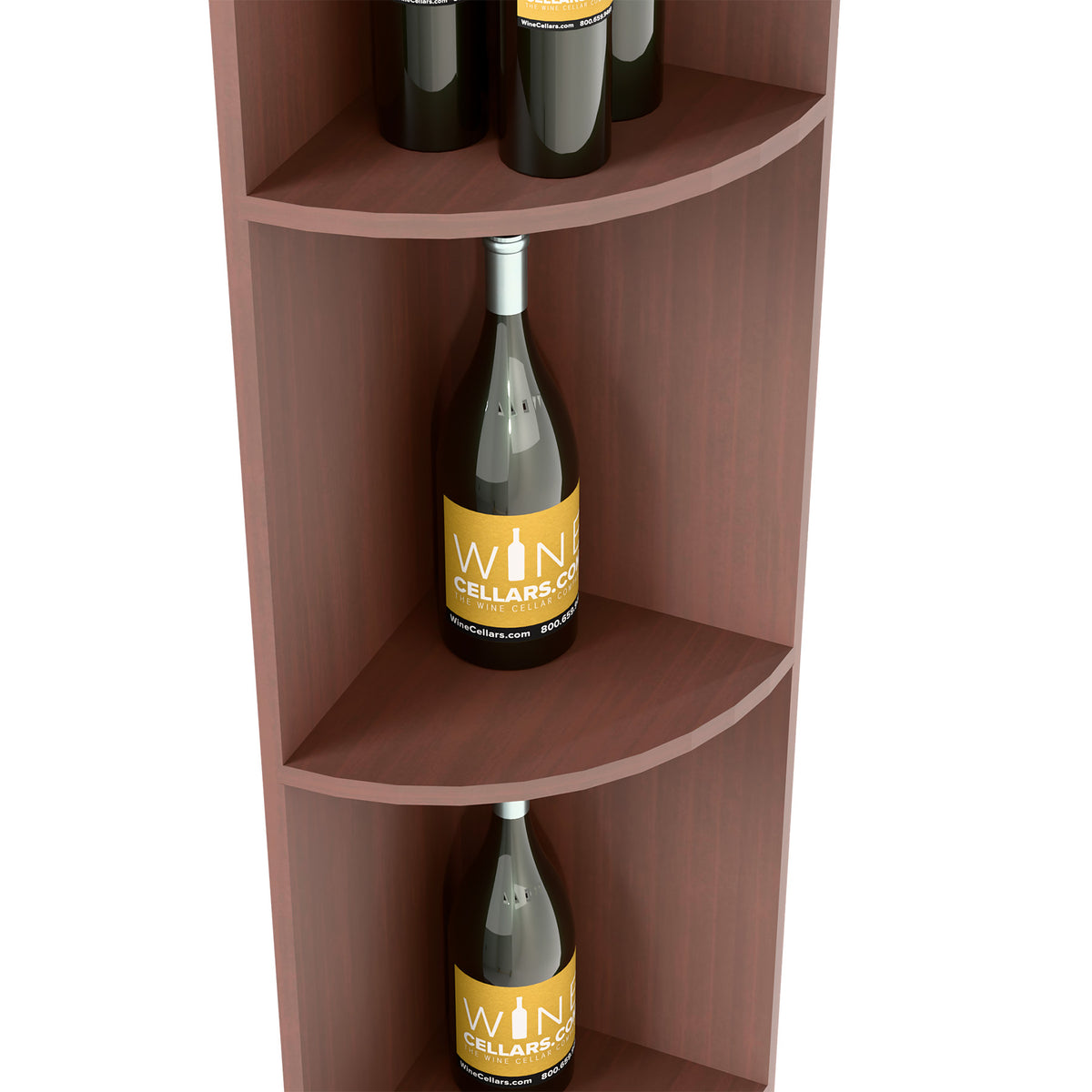 Quarter-round bottle shelf corner unit in dark brown wood, close-up of round niche