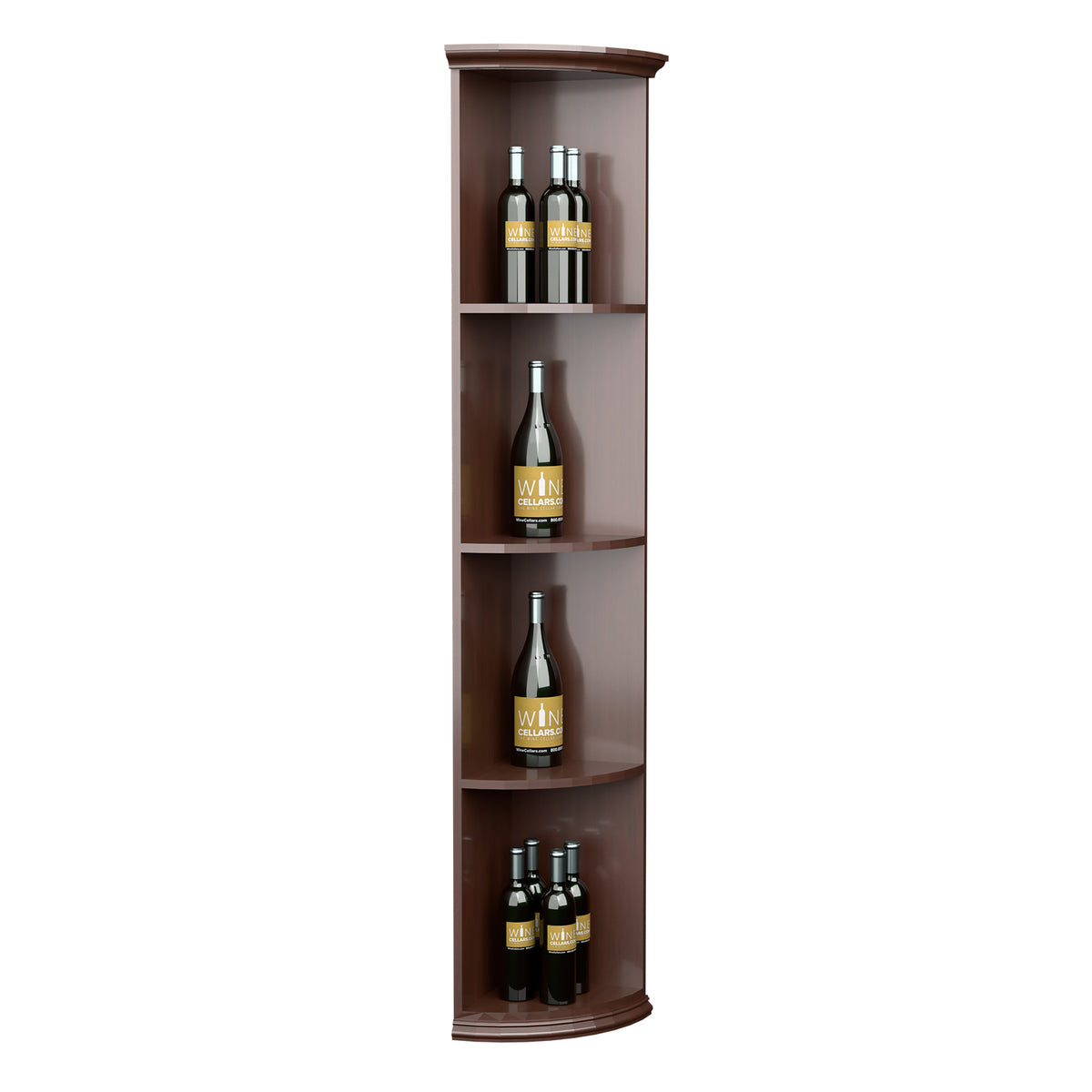 Dark wood quarter-round wine shelf with round base, multiple bottle cubbies