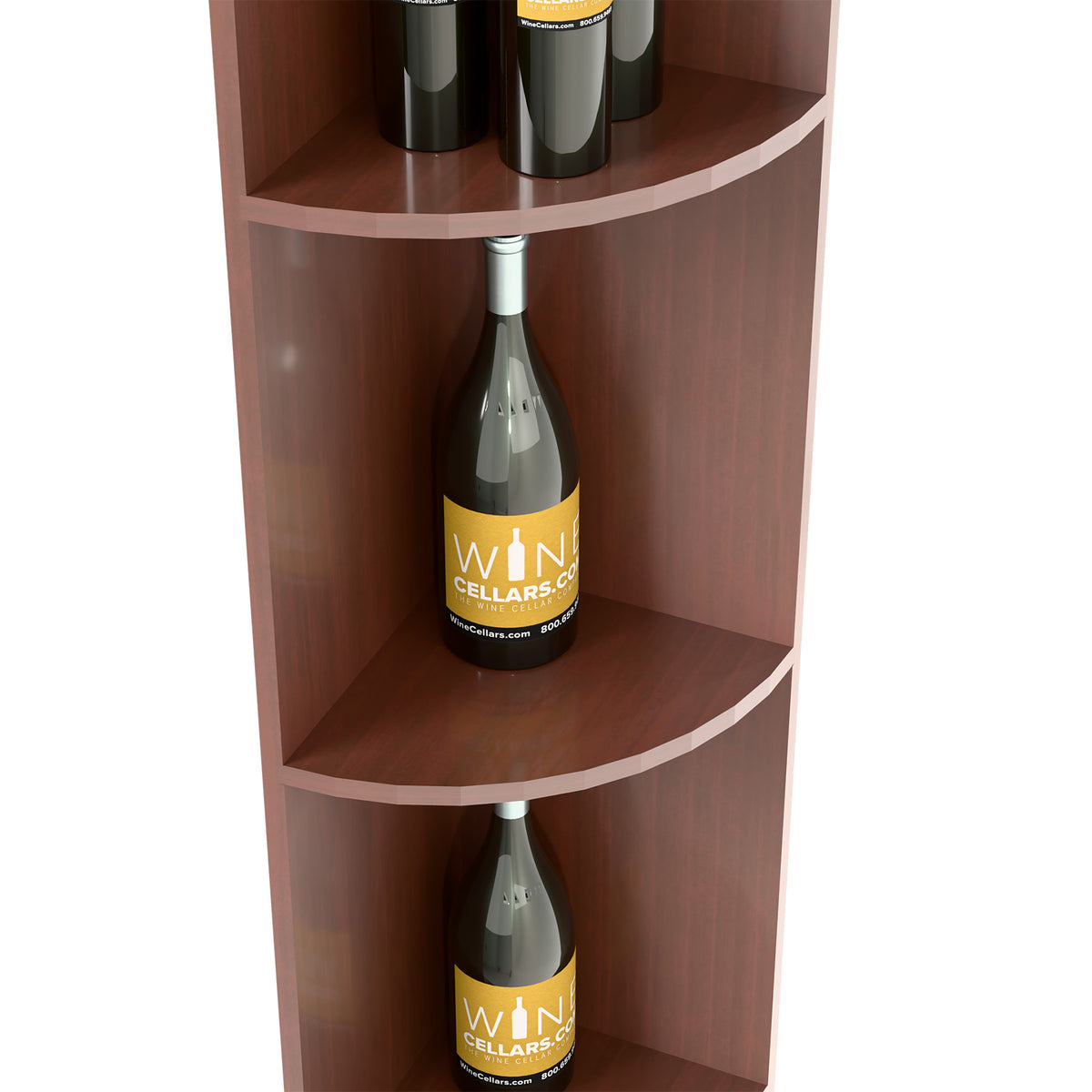 Dark wood quarter-round wine shelf with round base, bottle in curved shelf