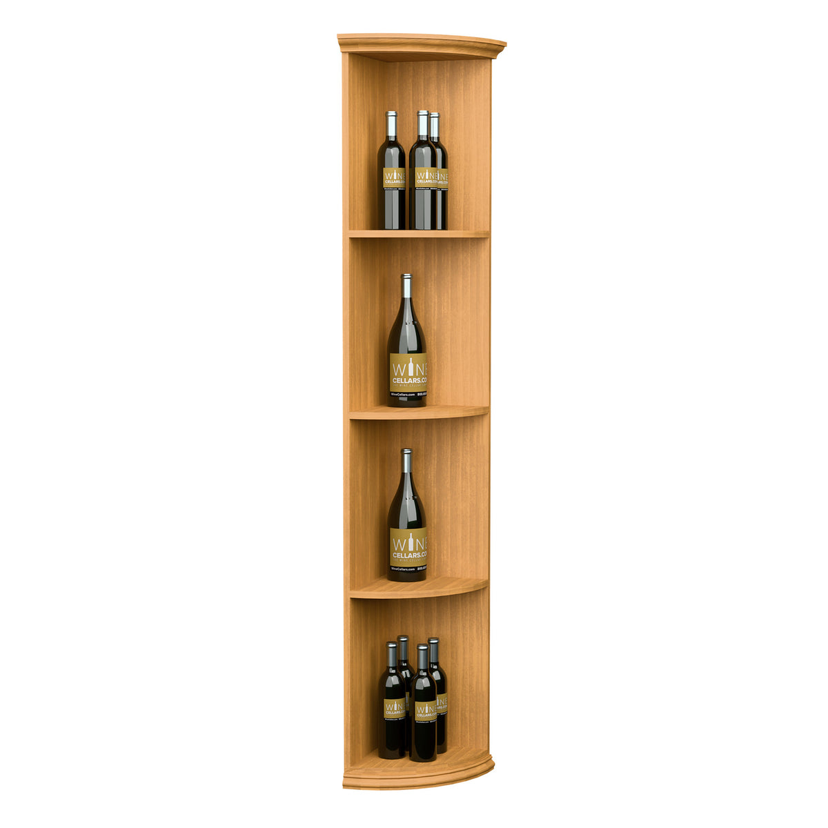Light wood quarter-round wine shelf with round base, multiple bottle cubbies