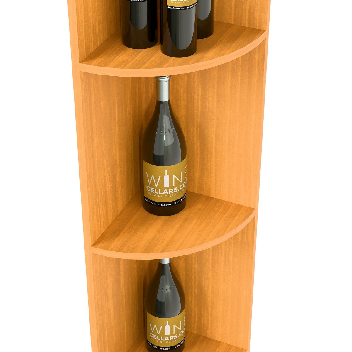 Light wood quarter-round wine shelf with round base, bottle in curved shelf