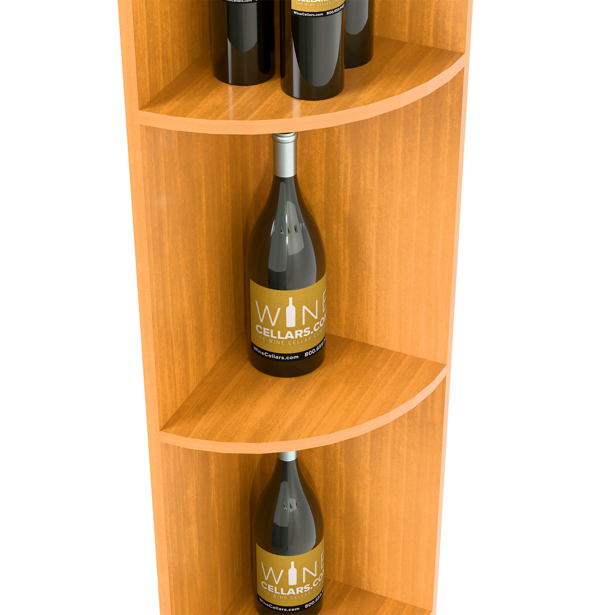 Light wood quarter-round wine shelf with round base, bottle in curved shelf