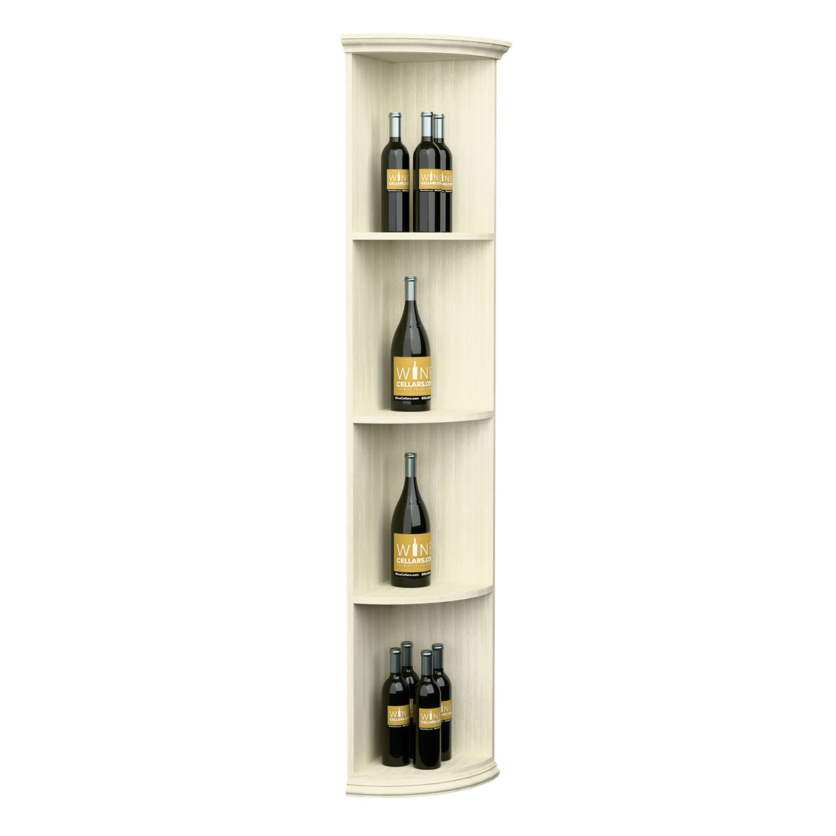 White quarter-round wine shelf with round base, multiple bottle cubbies