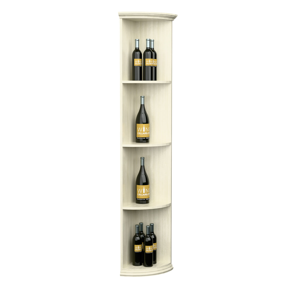 White quarter-round wine shelf with round base, multiple bottle cubbies