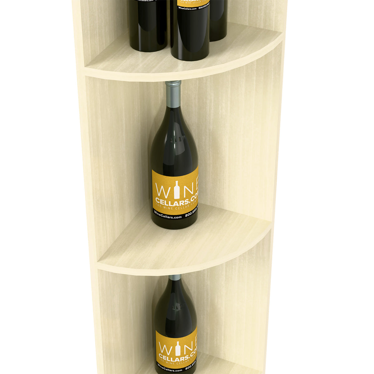 White quarter-round wine shelf with round base, bottle in curved shelf