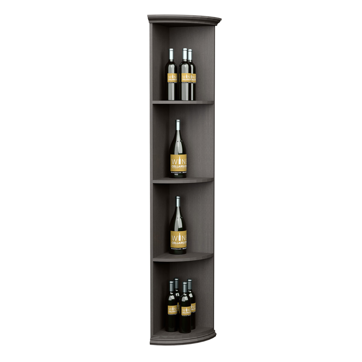 Quarter-round wine bottle shelf with round base, dark gray finish, 4 curved tiers