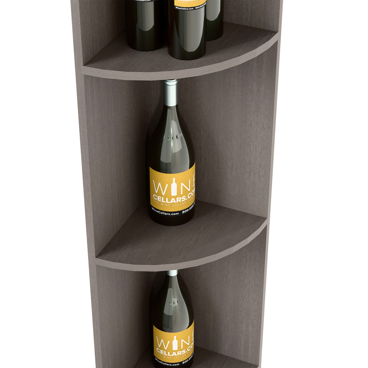 Quarter-round wine bottle shelf, dark gray finish, close-up of curved bottle cubbies
