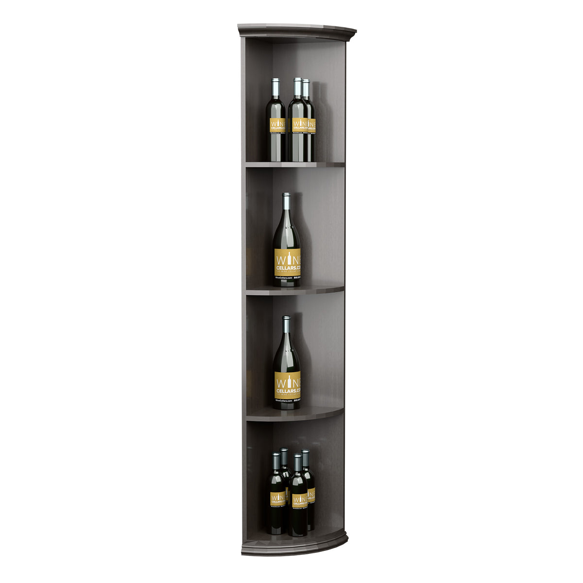 Quarter-round wine bottle shelf with round base, dark gray finish, three bottle shelves