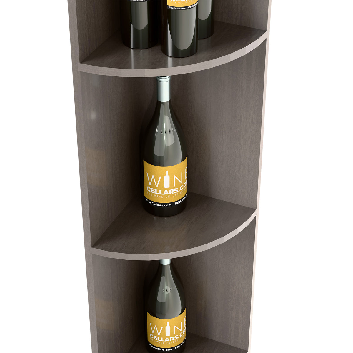 Quarter-round wine bottle shelf, dark gray finish, close-up of curved corner compartments