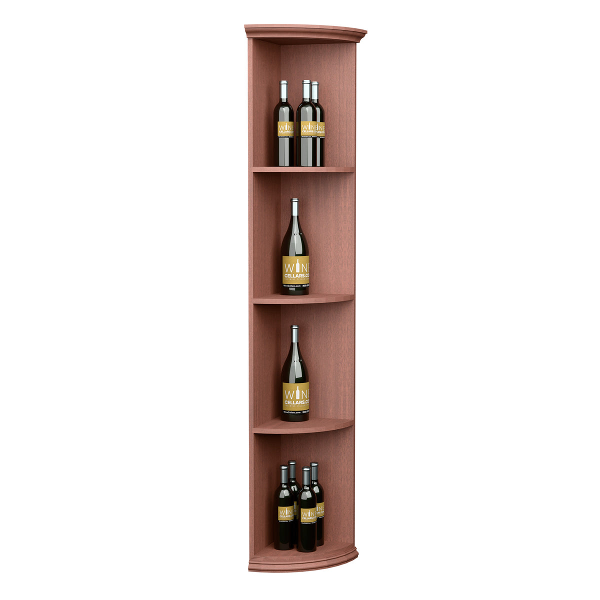 Quarter-round wine bottle shelf with round base, reddish wood finish, 4 curved tiers