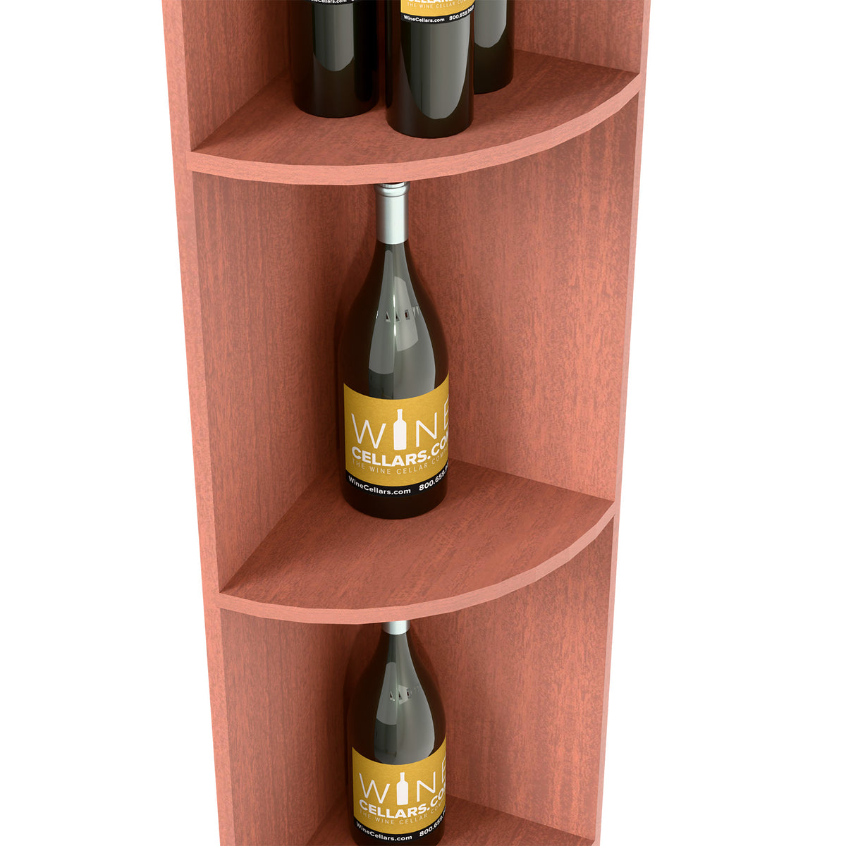 Quarter-round wine bottle shelf, reddish wood finish, close-up of curved bottle shelves