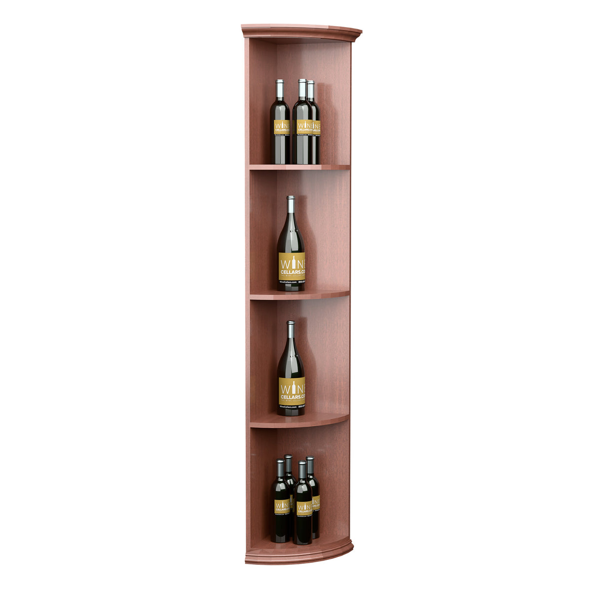 Quarter-round wine bottle shelf with round base, reddish wood finish, tall 4-tier design