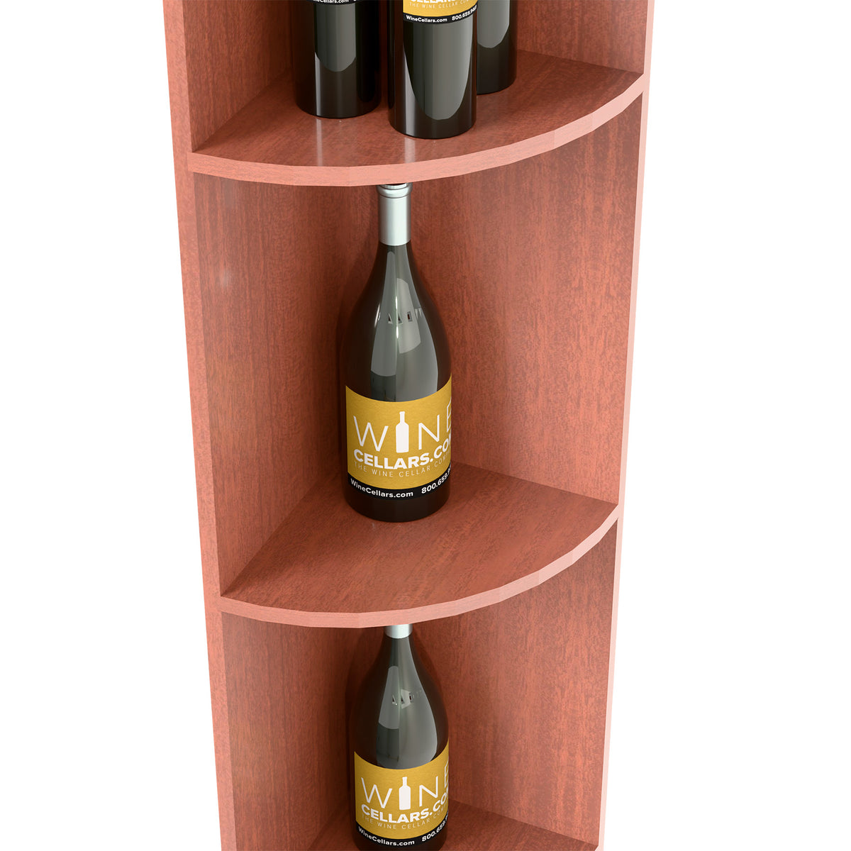 Quarter-round wine bottle shelf, reddish wood finish, close-up of upper curved compartment
