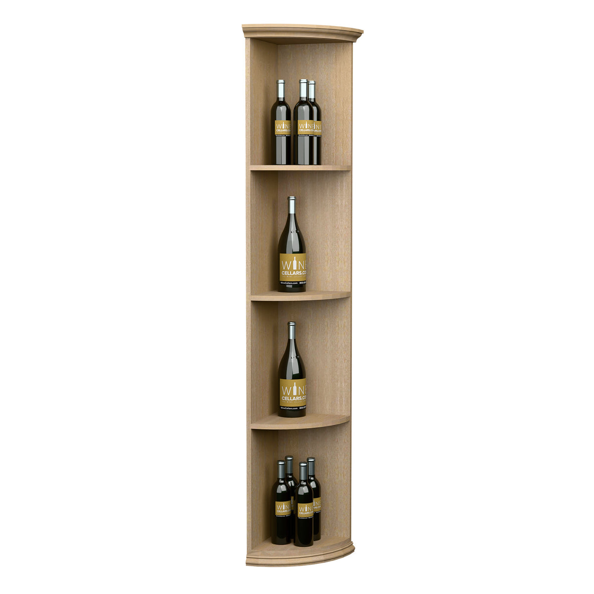 Quarter-round wine bottle shelf with round base, light natural wood finish, 4 curved tiers