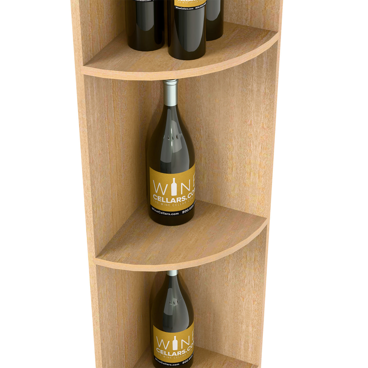 Quarter-round wine bottle shelf, light wood finish, close-up of two curved bottle shelves