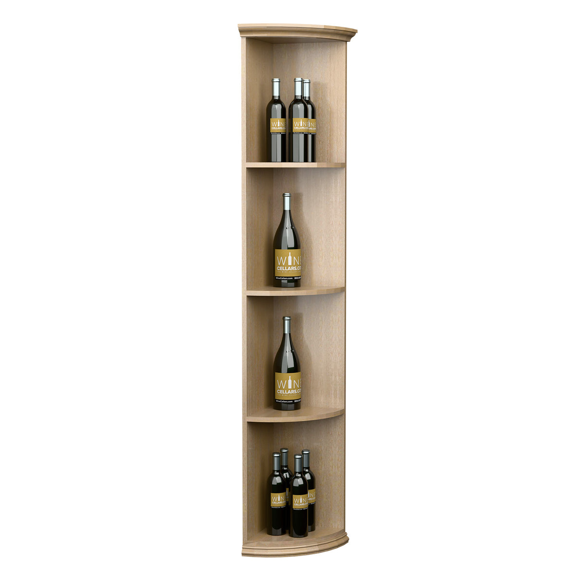 Light wood quarter-round wine shelf with round base, three curved bottle shelves