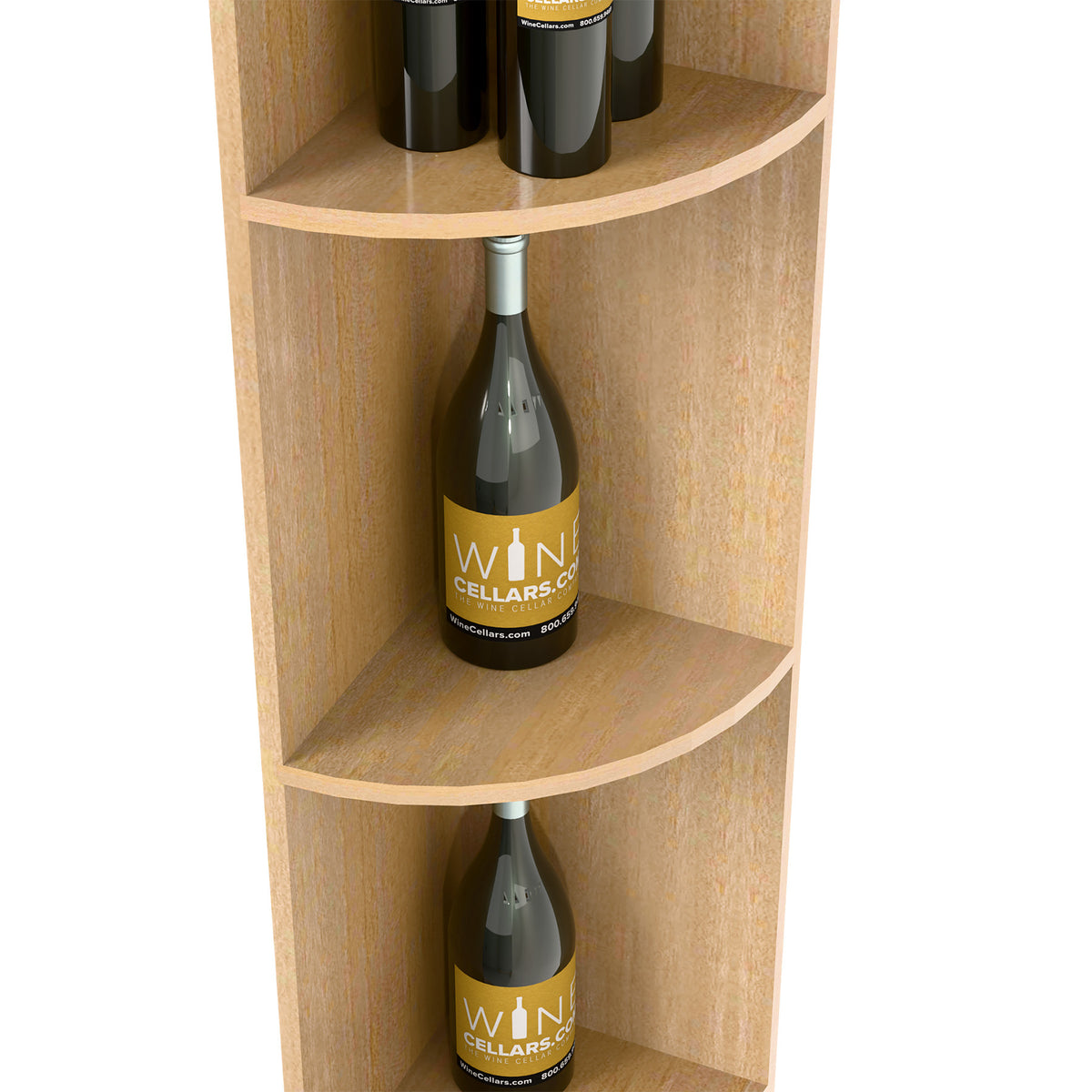Light wood quarter-round wine shelf, curved middle compartments holding wine bottles
