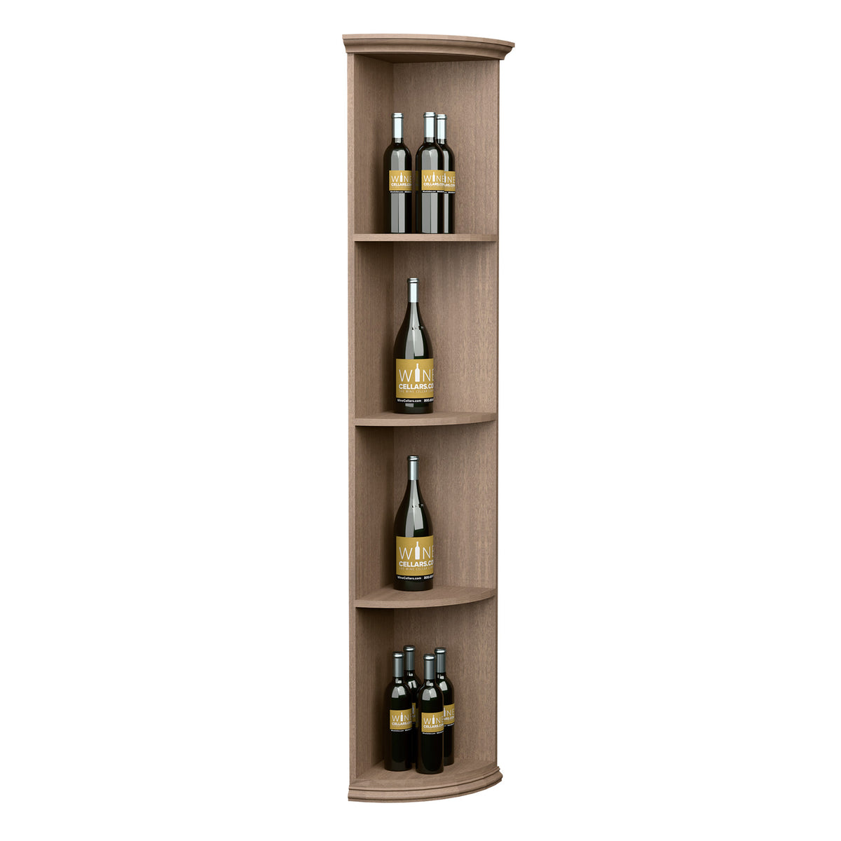 Light wood quarter-round wine shelf with round base and three curved bottle levels