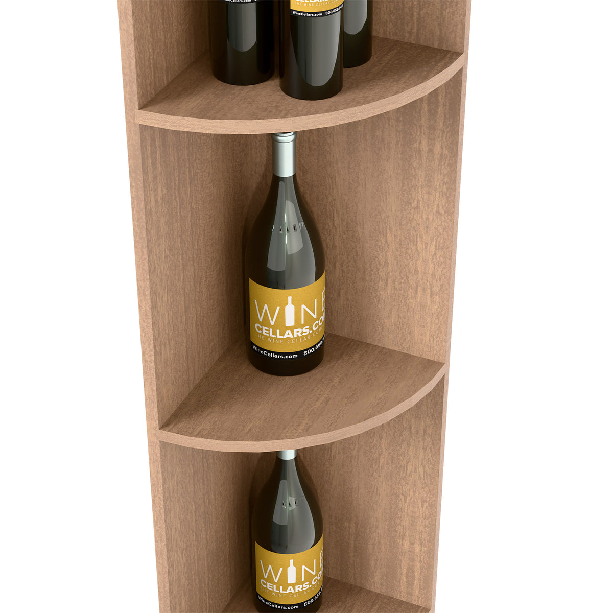 Light wood quarter-round wine shelf with curved shelves holding two wine bottles