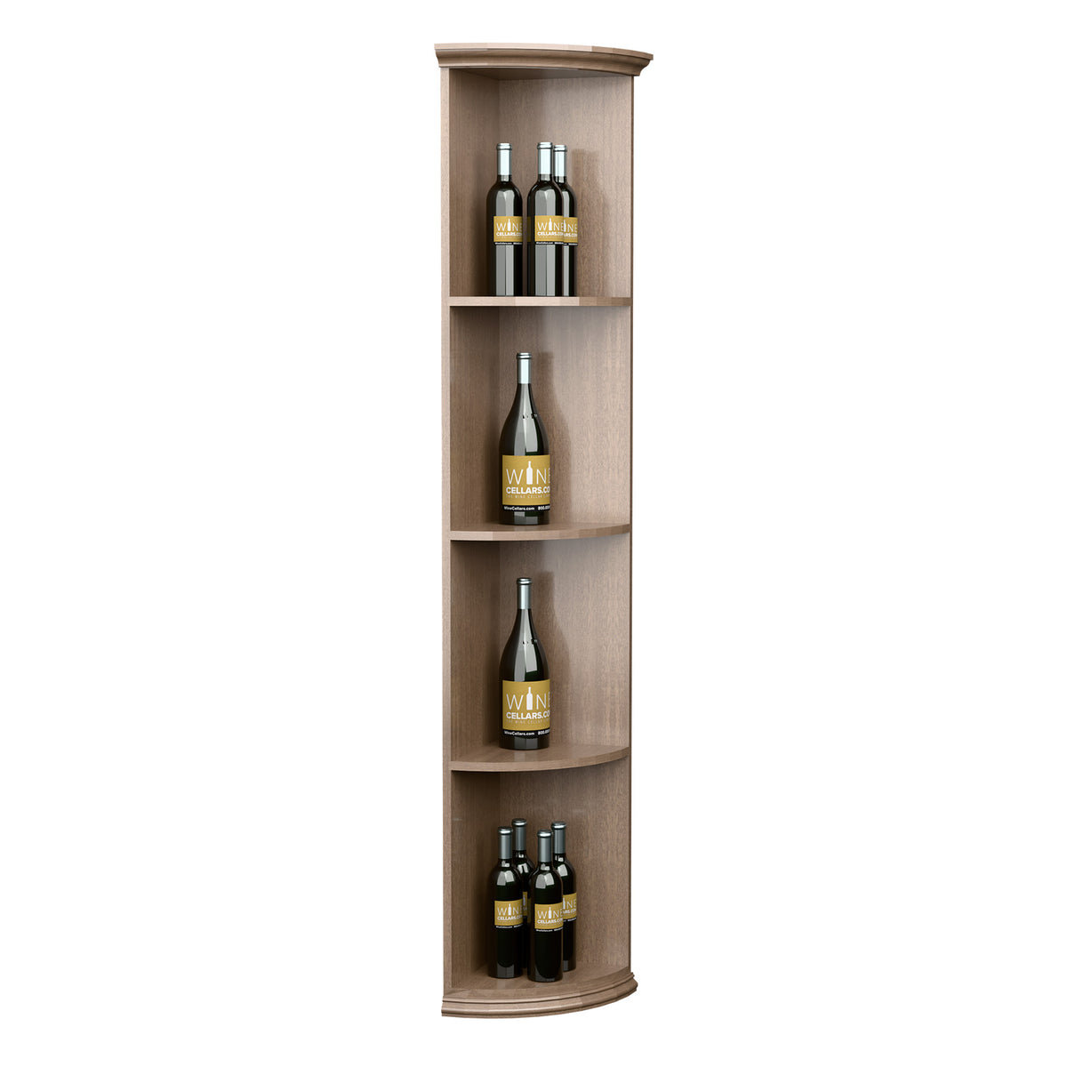 Light wood quarter-round wine shelf with round base, four wine bottles on curved shelves